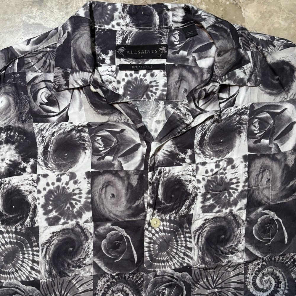 All Saints Hawaiian Shirt Mens Small Relaxed Fit Black Short Sleeve Loop Collar